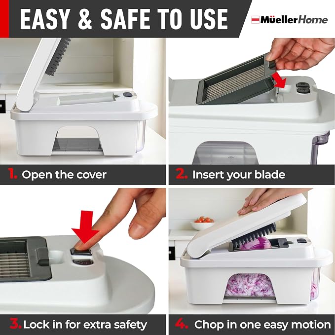 Mueller Pro-Series All-in-One, 12 Blade Mandoline Slicer for Kitchen, Food Chopper, Vegetable Slicer and Spiralizer, Cutter, Dicer, Grater, Kitchen Gadgets Sets with Container, White Sand/Gray