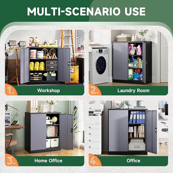 Metal Storage Cabinets with Lock Door,2 Adjustable Shelves Organizer Steel Storage Cabinets for Home,Office,Warehouse,Garage,Employee Lockers(Black Gray)