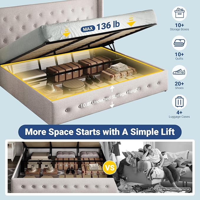 Allewie King Size Lift Up Storage Button-Tufted Bed Frame Light Beige | Modern Wingback Headboard, Hydraulic Support Storage, No Box Spring Needed