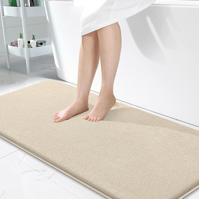 OLANLY Memory Foam Bathroom Runner Rug 47x24, Absorbent Long Bath Mat, Sand | Soft Quick Dry Bath Mat Rugs, Non-Slip, Machine Washable Mat for Bathroom Floor, Tub and Shower, Home Decor Accessories