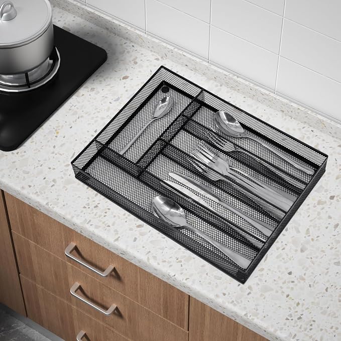 Neudeco Silverware Drawer Organizer, Black | 5 Compartment, Mesh Wire, Non-Slip Feet, Cutlery Tray