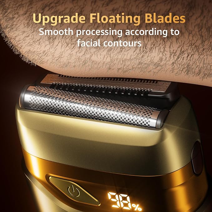 Mbzoey Electric Foil Shavers for Men: IPX7 Waterproof - Light Gold | Mini Razor for Travel- Face Shaver with LED Display & USB-C Fast Charge - Micro-Comb Technology & Precision Blades