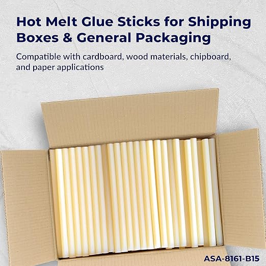 ASA Extended Hot Glue Sticks 5/8" x 15", 25 lb Box, 185 Ct | High-strength, fast-setting extended-length sticks for industrial packaging and woodworking. 25 lb box, 185 sticks.