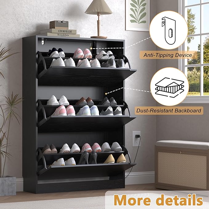 BORNOON Shoe Cabinet with Odor Control and Back Panels, Deodorizing Slim 3-Flip Shoe Storage Cabinet for Entryway, Freestanding Hidden Shoe Rack Organizer for Entrance, Hallway, Bedroom