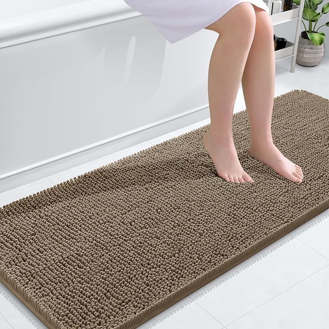 OLANLY Bathroom Runner Rugs 59x24, Extra Soft Absorbent Chenille Bath Rugs, Rubber Backing Quick Dry, Machine Washable Long Bath Mats for Bathroom Floor, Tub and Shower, Home Decor Accessories, Tan