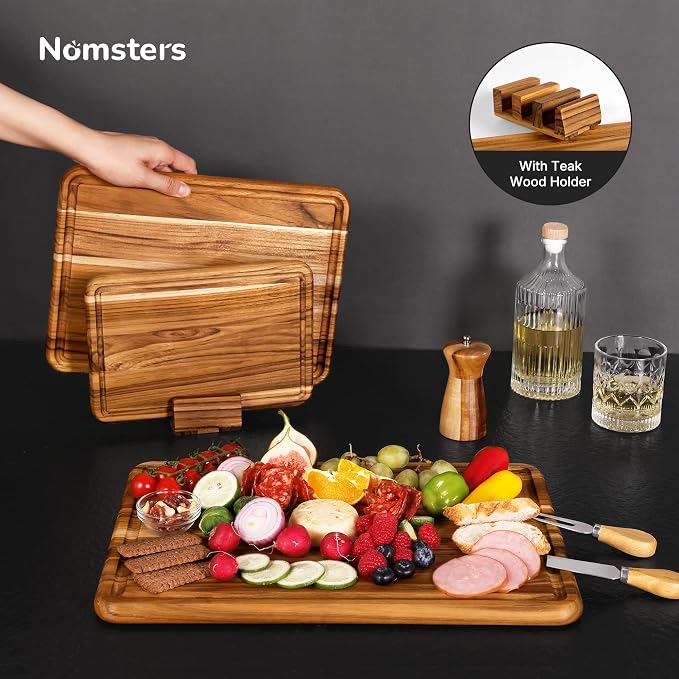 Wooden Cutting Board 3 Pack Teak Wood Cutting Boards for Kitchen Non Slip | Heavy Duty, Non Toxic Slip, Solid Thick, Wood Haus Chopping Board, Extra Large Big Small, Meat Best, Wooden Charcuterie Board