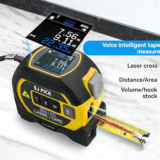 Voice Intelligent Tools Tape Measure 3-in-1 Laser Digital Measuring Tape Ruler-LCD Backlight 5M/16Ft Tape & Laser 80m/262Ft Rangefinder,Crosshairs Markings,Data Storage (Yellow, 80m/262ft)