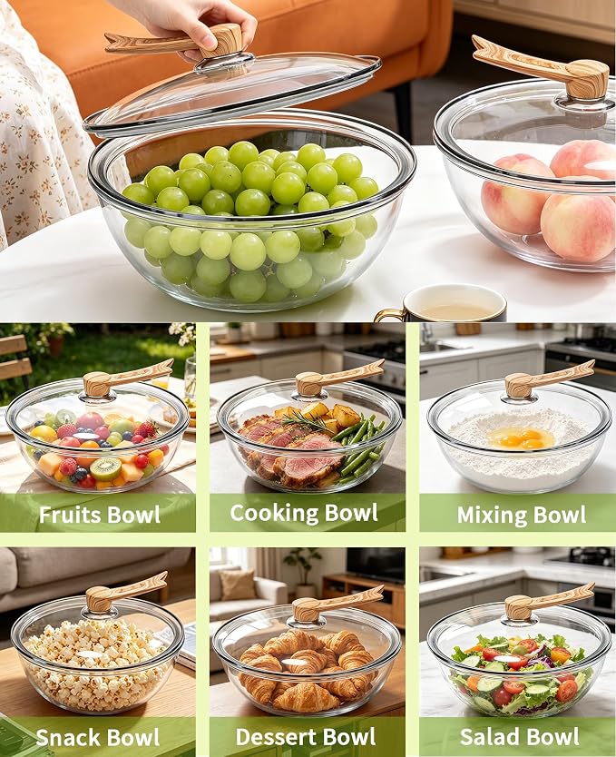 6.5 Qt Large Glass Mixing Bowl with Glass Lid, Clear Glass Bowl for Sourdough Salad Bowls with Lid & Long Handle,Thickened Glass Big Mixing Bowls Cooking Bowl for Food Prep, Kitchen,Dinner