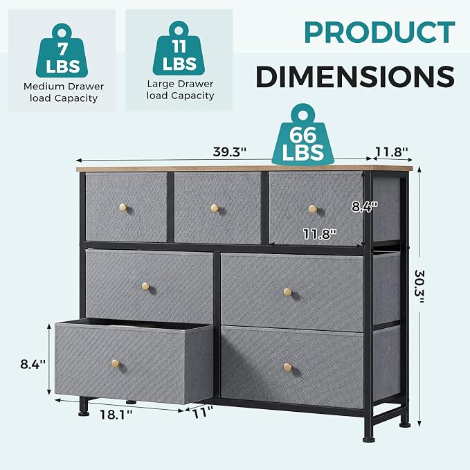 OLIXIS 7 Drawer Dresser for Bedroom, Tall Fabric Storage Tower with Sturdy Steel Frame and Wooden Top, Large Dresser for Living Room Entryway with Easy Pull Fabric Bins, Gray Blue