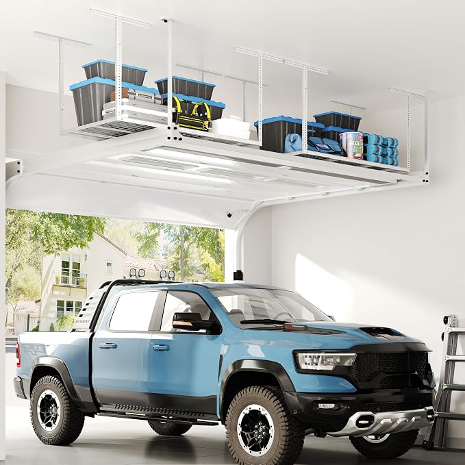 FLEXIMOUNTS 3x6 Overhead Garage Storage Adjustable Ceiling Rack, White | 450lbs Weight Capacity, 22"-40" Adjustable Organization System, Heavy-Duty Metal Ceiling Racks, Classic Series