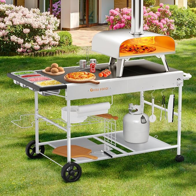 50"x 25" Pizza Oven Table,Outdoor Pizza Cart with Topping Station Grill Table Stand with Wheels for Ninja, Blackstone Griddle, Ooni, Gozney, Cuisinart.
