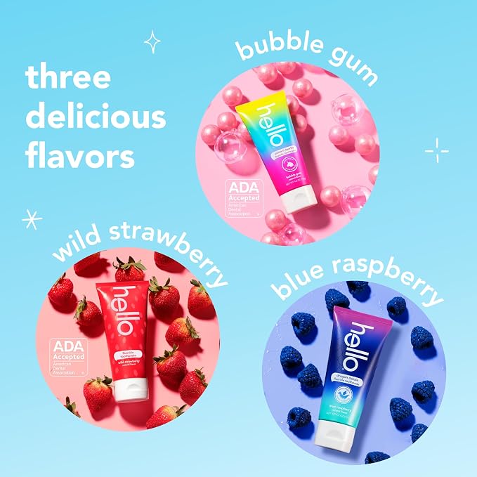 hello Kids Fluoride Toothpaste Variety Pack, 3 Pack, 4.2 oz | Bubble Gum, Strawberry, and Blue Raspberry Flavors, Safe for Kids Ages 2 and Up, Prevents Cavities, Polishes, and Brightens
