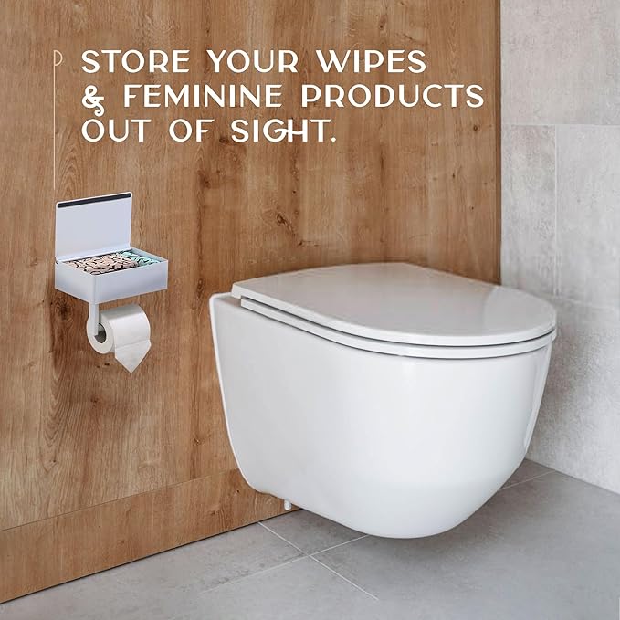 Day Moon™ - Toilet Paper Holder with Shelf - Modern Roll Holder for Bathroom - 1 Pack - Wall Mount - with Storage, White
