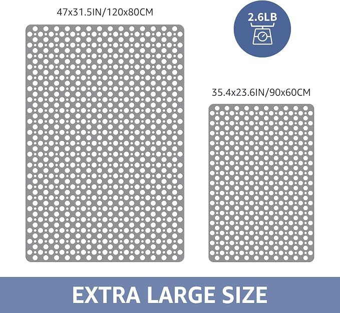 OTHWAY Large Shower Mat, 35"x 24" TPE Shower Mat Non Slip, Heavy Shower Floor Mat with Drain Holes and Suction Cups, No Odor Shower Mats for Inside Shower for Elderly Bathroom(D-Grey)