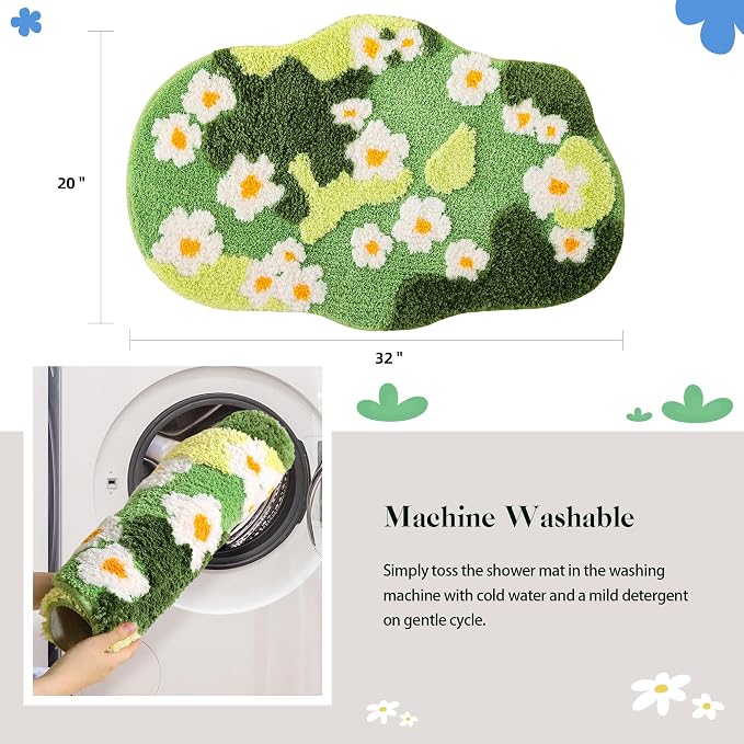 YIKUSH Bathroom Rugs for Living Room Green Moss Rug Cute Bath Mat with Small Flower Non Slip Bath Mats for Bathroom Floral Washable Rug (32x20 inches)
