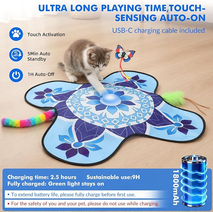 Wortade Interactive Cat Toys for Indoor Cats Rechargeable, Moving Concealed Wand Feather, Automatic Fluttering Butterfly Cat Stimulation Toys for Indoor Cats, Hide and Seek Kitten Toy (Blue)
