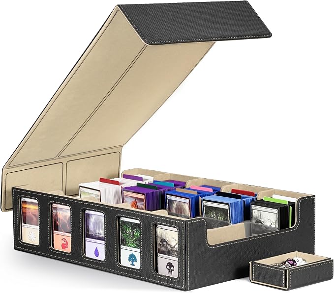 Kabinka Trading Card Storage Box with Commander Display, 5-Row 3900+ MTG Storage Box, Card Deck Box for MTG TCG Sports Card, 5 Top Loaders, 5 Stoppers, 48 Dividers,1 Dice Tray (Black Gold)