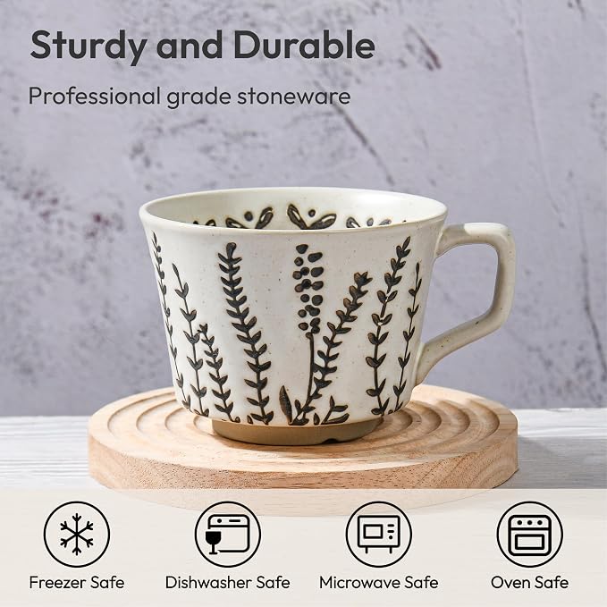 11 oz Ceramic Coffee Mug, Stoneware Teacup with Handle | Small Novelty Unique Cup for Tea Mocha Latte Cappuccino, Microwave Dishwasher Safe (Set of 4, Plants)