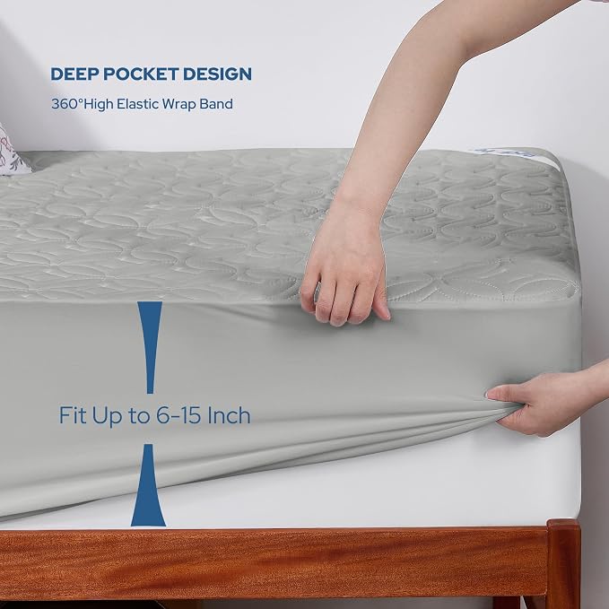 BEDLORE Waterproof Mattress Protector, Twin XL Size Mattress Pad with Deep Pocket 6"-15" Depth, Soft Dirt-Proof Double Bed Mattress Cover for Bedroom, College Dorm, Hotel (Light Gray)