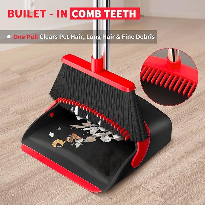 Broom with Dustpan Combo Set, Dust Pans with Long Handle for Upright Sweeping, Standing Broom and Dustpan Set with Self-Cleaning Teeth for Home, Kitchen & Office Floors(Red & Black)