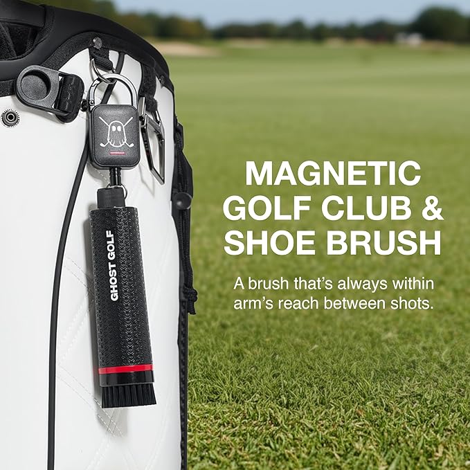 Ghost Golf Magnetic Golf Club Brush with Water Reservoir & Shoe Brush - Dual Head Groove Cleaner, Nylon Bristle, Retractable Carabiner Clip - Golf Cleaning Tool for Irons, Wedges & Golf Shoe Cleats
