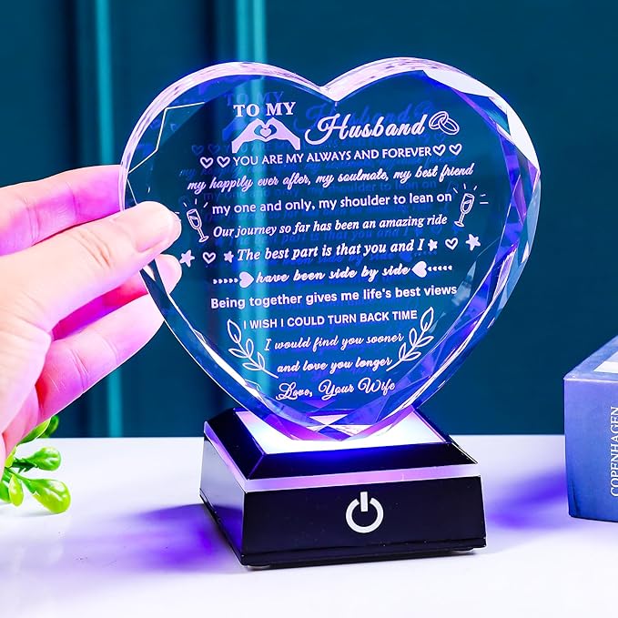 YWHL Gifts for Husband from Wife with Colorful LED Base Anniversary Birthday Gifts for Husband to My Husband Crystal Heart keepsake I Love You Gifts for Him on Valentine Christmas Fathers Day