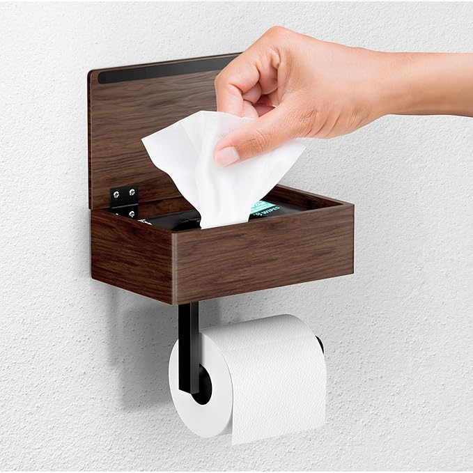 Day Moon™ - Toilet Paper Holder with Shelf - Modern Roll Holder for Bathroom - 1 Pack - Wall Mount - with Storage, Wood