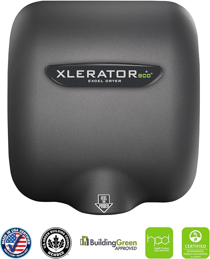 Excel Hand Dryer XLERATOR XL-GR-ECO Automatic, Surface-Mounted, Cast Cover, Textured Graphite Epoxy Paint, 110-120 Volt Standard Nozzle