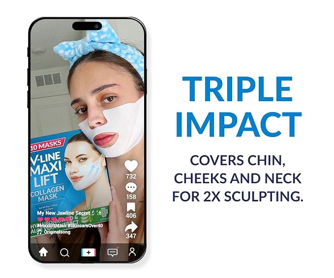 Stylia MaxiLift V-Line Lifting Collagen Face Mask - Double Chin Strap - Jawline Shaper - Neck Firming and Tightening Mask with Hyaluronic Acid & Aloe Vera - Chin Strap for Sleeping (10PC)