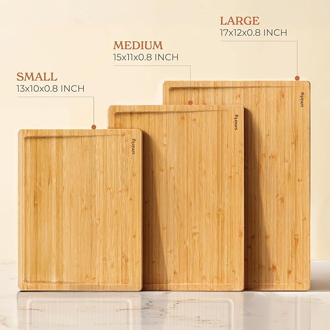 SMIRLY Bamboo Cutting Board - 3 Pack Wood Cutting Boards for Kitchen | Non Toxic Wooden Cutting Board with Juice Grooves and Handles, Multiple Sizes Chopping Board for Meal Prep & Charcuterie