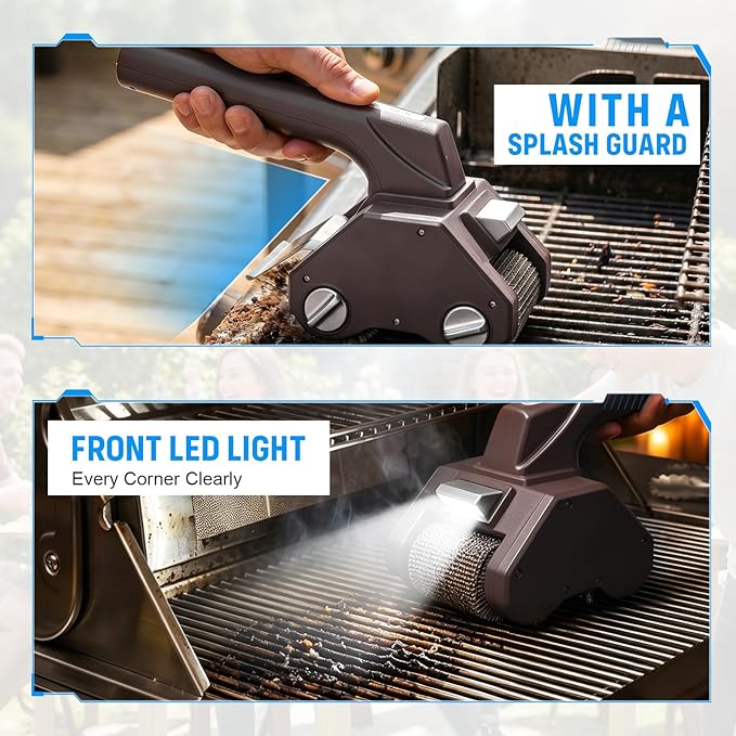 Electric Grill Brush, 350 RPM Rechargeable BBQ Grill Cleaner with 2- in-1 Cleaning Heads, 2600mAh Power Grill Scrubber for Outdoor Flat Top, Cast Iron, Barbecue Grates, Brown