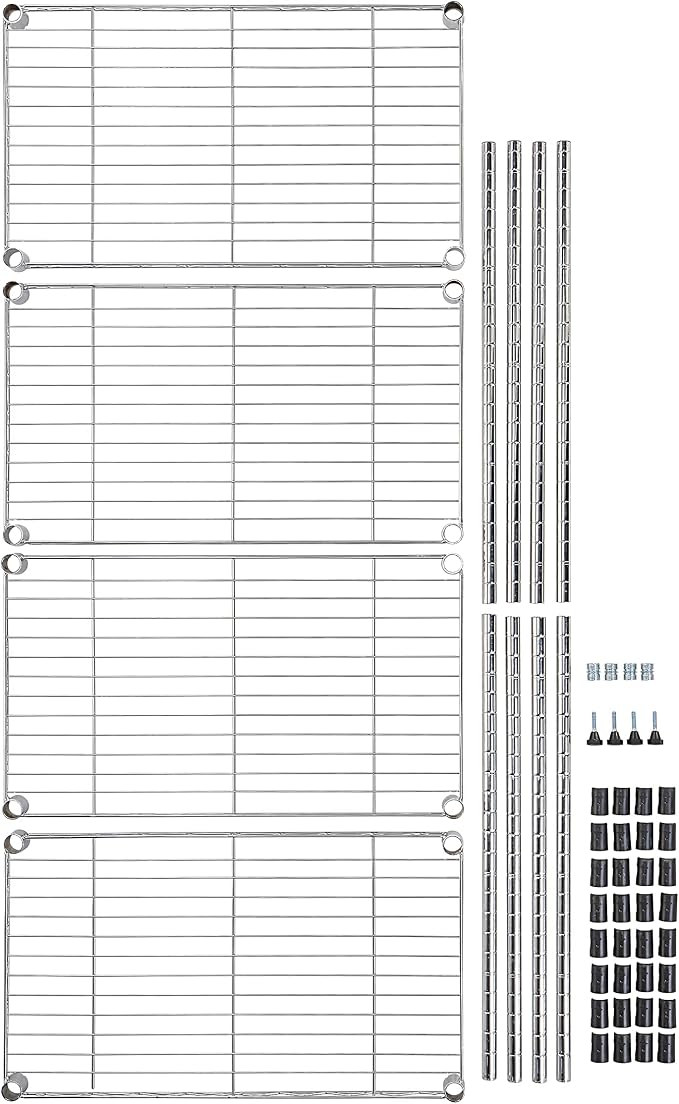 Amazon Basics 4-Shelf Adjustable Storage Shelving Unit for Garage, Steel Wire Rack, 200 Pound Loading Capacity per Shelf, 13.4"D x 23.2"W x 48"H, Chrome