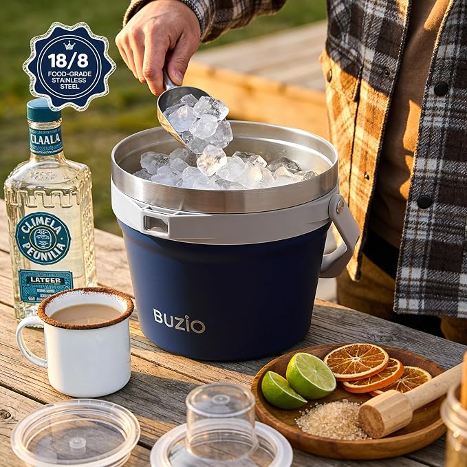 BUZIO 7 L Double Wall Ice Bucket for Parties with Lid and Scoop & Tongs | Insulated Vacuum Stainless Steel Ice Buckets with Handle and Adjustable Shoulder Strap, Fits 6 Longnecks or 3 Wine Bottles