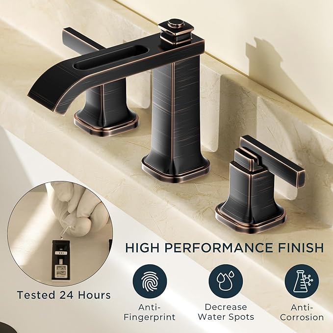 FORIOUS 3 Hole Oil Rubbed Bronze Bathroom Faucet,8 Inch Widespread Bathroom Vanity Faucets with Metal Pop Up Drain, Unique Waterfall Design