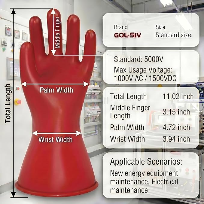 Electrical Insulated Gloves - 5KV Tested Rubber Safety Work Gloves for Electrician, Hybrid EV Car Repair & HVAC - Class 0 Level Protection (Max Use 1000V), Red