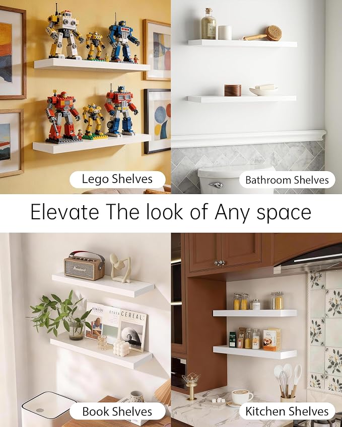 BAYKA Floating Shelves White, 22.5 inch Rustic Wood Wall Mounted Shelves for Bathroom, Bedroom, Living Room, Kitchen & Office, Hanging Shelf Deocr Display with 22 lbs Capacity, Set of 2