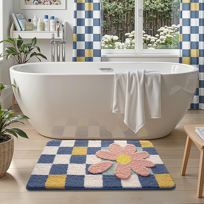 LUMI Bathroom Rug 24x36, Soft Absorbent Microfiber Bath Mats, Machine Washable Bath Rugs with Non-Slip Backing, Checkered Design Floor Mat for Bathroom, Shower and Bathtub Floor, Grid Flower