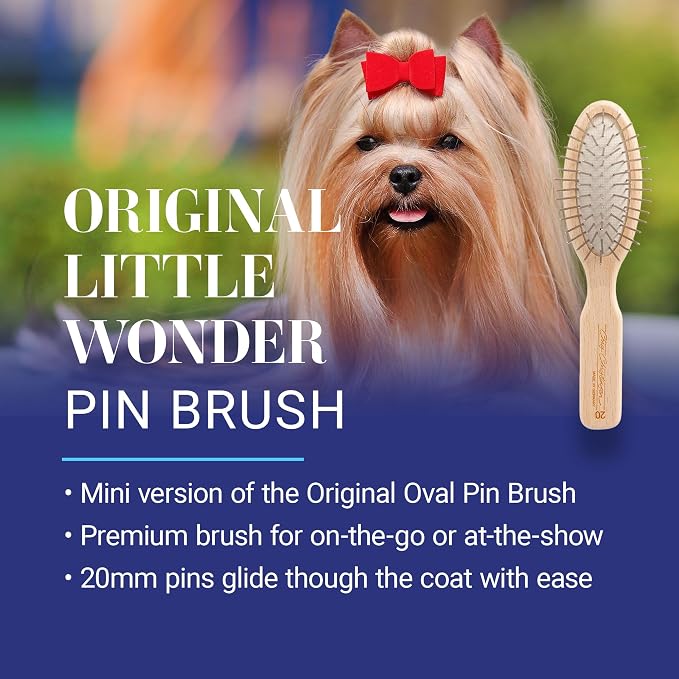 Chris Christensen Dog Brush, 5.75" x 1.25" Little Wonder Pin Brush (20mm), Original Series, Groom Like a Professional, Stainless Steel Pins, Lightweight Beech Wood Body, Ground and Polished Tips