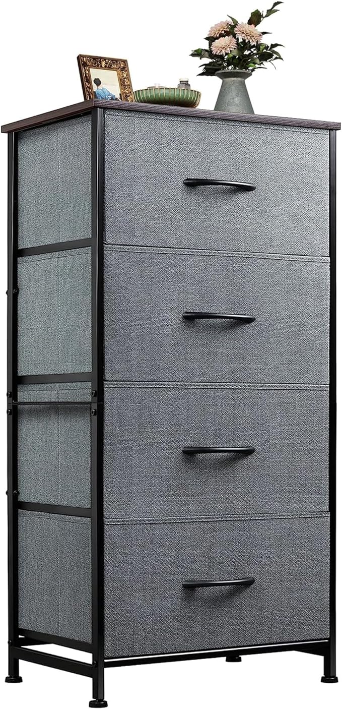 WLIVE Small Dresser Nightstand for Bedroom, 4 Drawers, Dark Grey | 4 vertical fabric drawers, Space-saving tower, Bedroom or closet use, Chest of drawers, Dresser for small spaces