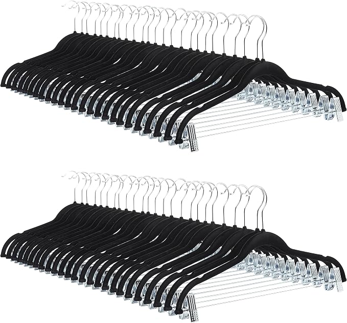 Amazon Basics Velvet Non-Slip Skirt Clothes Hangers with Clips, 360 Degree Rotatable Hook, Sturdy Construction, Organize Pants and Skirts, Black/Silver, 50-Pack