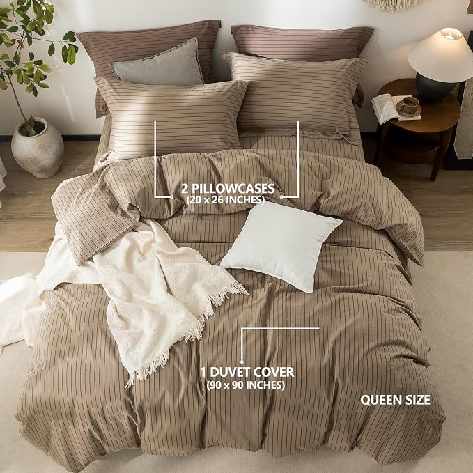 Stripe Duvet Cover Queen Size 90inch x 90inch,100% Washed Cotton Pinstripe Duvet Cover with Zipper Closure and 2 Pillowcases, Color of Light Camel-Black Stripe