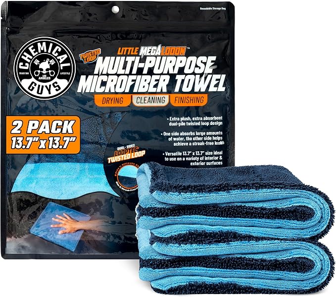 Chemical Guys, Little Megalodon Multi-Purpose Microfiber Towels, 2 Pack