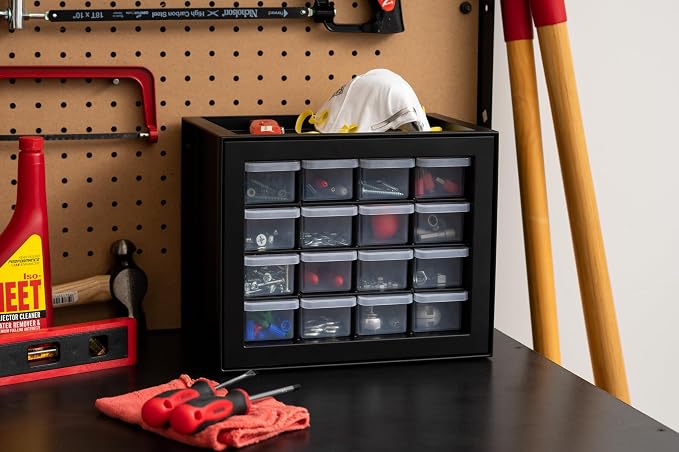 IRIS USA 16-Drawer Small Drawer Organizer, Made in USA, Stackable Teacher Toolbox For Crafts, Crayons, Beads, Building Bricks, Water Packets, Screws, Hardware, Desk & Garage Storage, Black