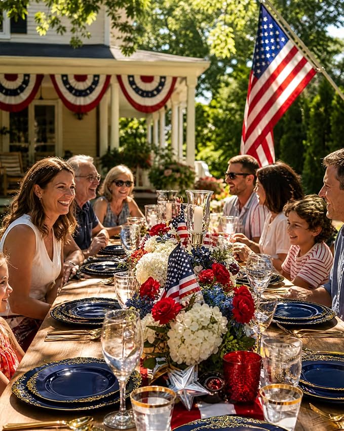 Nervure 350Pcs Blue Plastic Plates - Blue Gold Plastic Dinnerware Sets for 50 Guests - 100 Navy Gold Disposable Plates, 50 Pre Rolled Silverware, 50 Cups Perfect for Wedding & Party & Memorial Day