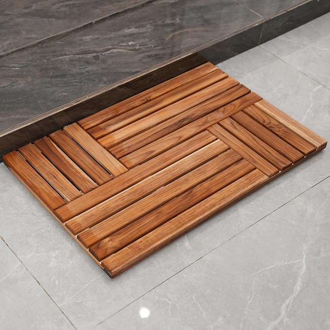 Utoplike Teak Wood Bath Mat, Shower Mats for Bathroom 32 x 20 inch Large | with Non-Slip Pads, Wood Floor Sturdy Mat for Inside Shower, Luxury Spa Home or Outdoor