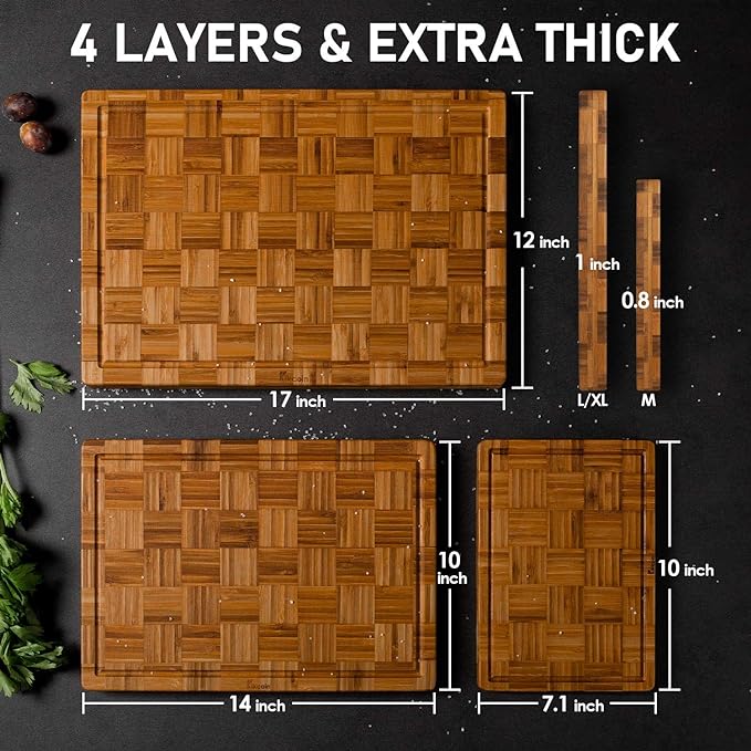 Kikcoin Extra Large Bamboo Cutting Boards, (Set of 3) Chopping Boards with Juice Groove Bamboo Wood Cutting Board Set Butcher Block for Kitchen, End Grain Serving Tray