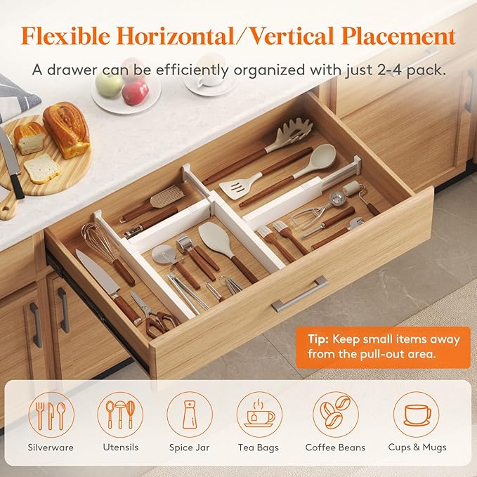 Lifewit 8 Pack 2.36" High Drawer Dividers 40-56cm/16-22 Adjustable Drawer Organizer for Clothes/Utensils, Expandable Drawer Separator in Dresser/Kitchen/Bedroom/Office Organization & Storage White