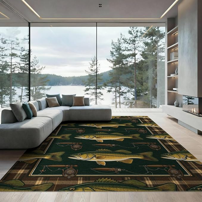 8'x10' Washable Area Rug Bass Cabin Lure Reel Motif Tackle Border Angler Fish Fishing Refined Structured Non-Slip Flatwoven for Living Room, Under Sectional, Family
