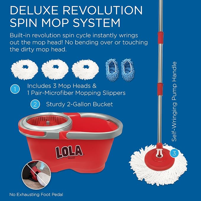 Revolution Deluxe Spin Mop & Bucket, w/ 3 Microfiber Washable Heads, 1 Pair Microfiber Mop Slippers, Fast Dry, Deep Clean Floors & Hands-Free Wringer, Easy Spin Dry, No Exhaustive Foot Pedal, LOLA