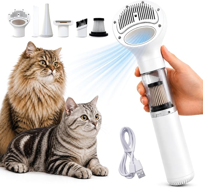 FurSo Cat Grooming Vacuum Kit, 5-in-1 Cordless Pet Grooming Vacuum for Cats & Dogs, 6000PA Pet Hair Vacuum, Low-Noise Deshedding Brush, 3-Speed LCD, Hair Remover, Type-C Charge